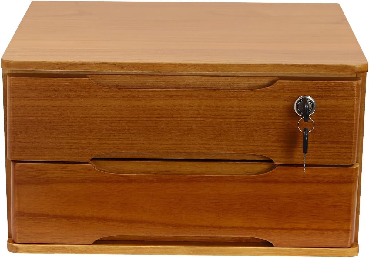 2-Tier Wooden Desktop Storage Box Desk Organizer with 2 Drawers and Lock Countertop Drawers Organizer for Office Supplies File Paper Cosmetic Jewelry, 15.4x11.8x8.5 in (Light Brown)