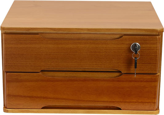 2-Tier Wooden Desktop Storage Box Desk Organizer with 2 Drawers and Lock Countertop Drawers Organizer for Office Supplies File Paper Cosmetic Jewelry, 15.4x11.8x8.5 in (Light Brown)