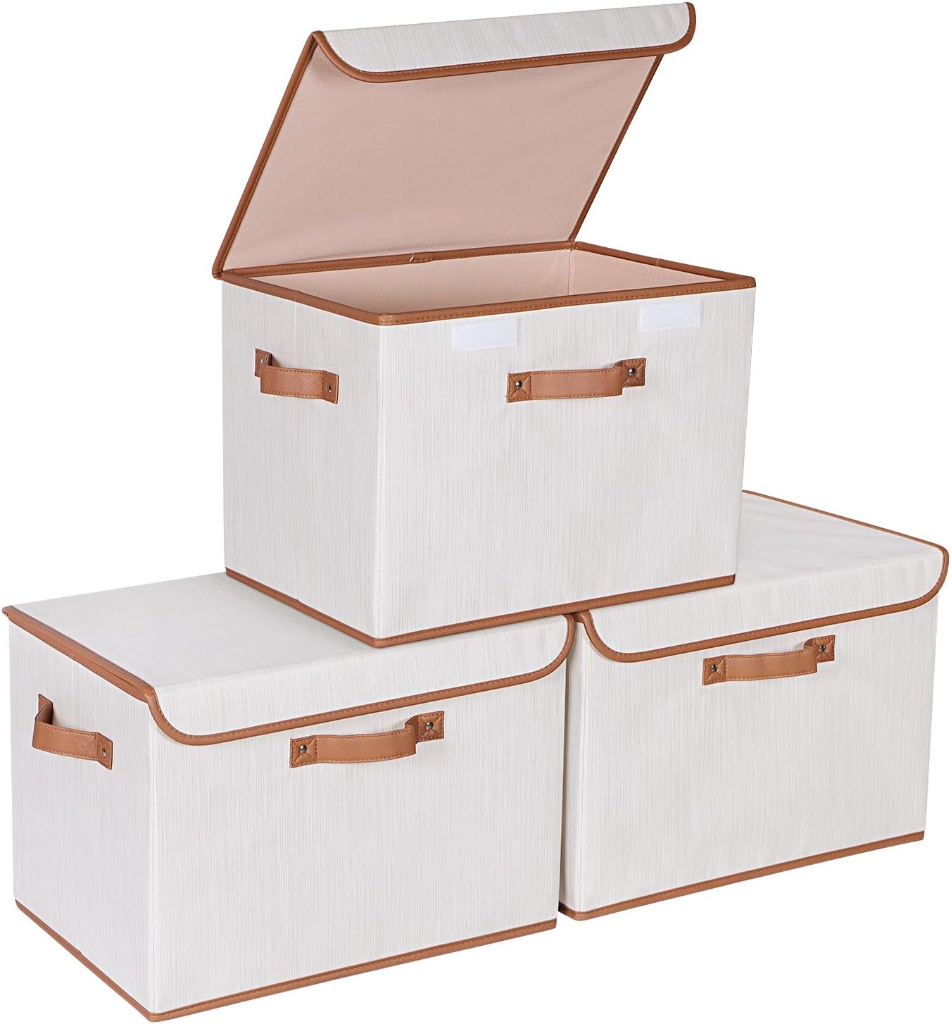 Univivi Heavy Duty Fabric Storage Bins with Lid, Large 17" 10 Gallon Stackable Storage Bins with Leather Handles, Decorative Storage Boxes with Lids for Bedroom, Closet, Nursery, Office, 3-Pack(Beige)