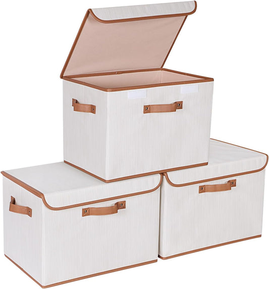 Univivi Heavy Duty Fabric Storage Bins with Lid, Large 17" 10 Gallon Stackable Storage Bins with Leather Handles, Decorative Storage Boxes with Lids for Bedroom, Closet, Nursery, Office, 3-Pack(Beige)