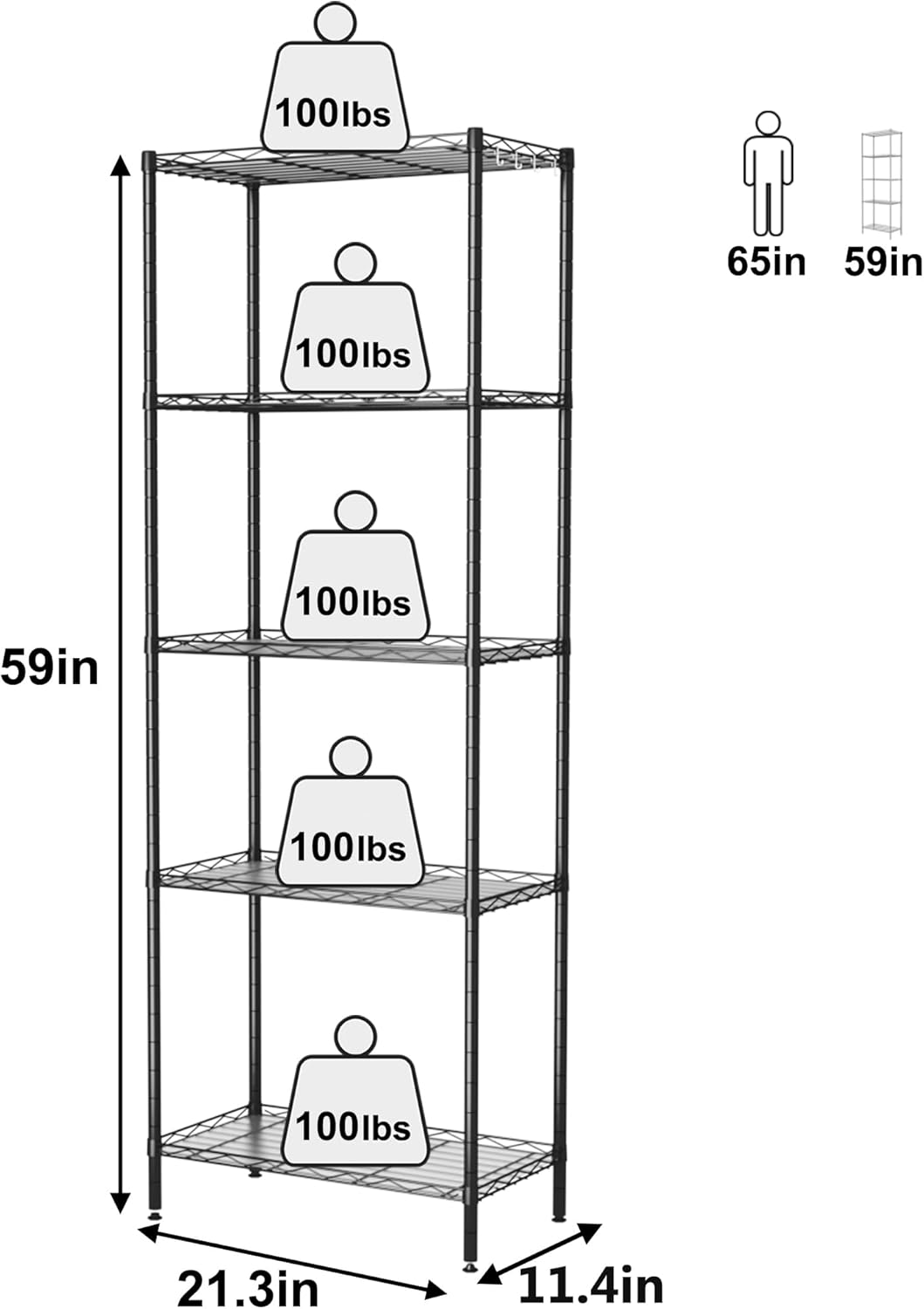 HOMEFORT 5-Shelving Unit, Adjustable Wire Shelving, Metal Wire Shelf Rack Organizer for Kitchen, Pantry, Closet, Bathroom, Laundry, Black,21" W x 11" D x 53" H