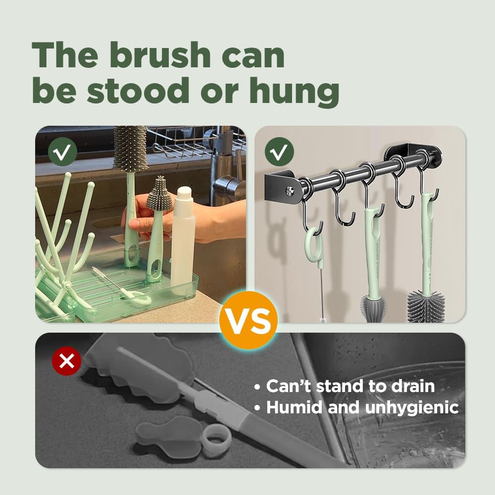 Travel Bottle Brush, Travel Bottle Cleaner Kit with Bottle Drying Rack, Transparent Green