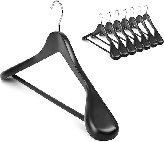 Coat Hanger 8-Pack, MEQUTION Wood Hangers Trouser Hangers Extra Wide Shoulder Wooden Hangers for Heavy Coat, Sweater, Skirt, Suit, Pants, Retro Finish (Black)