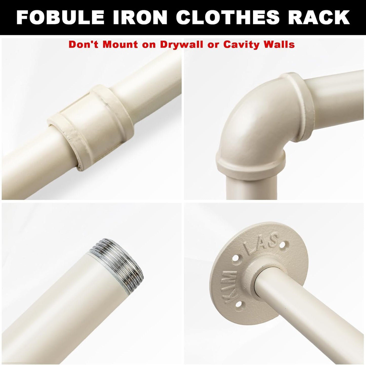 48" White Wall Mounted Clothes Rack, Industrial Pipe Iron Garment Bar, Heavy-Duty Detachable Clothing Rod, Multi-Purpose Metal Wall Display Hanging Pole for Closet Storage, Laundry Room 2 Base