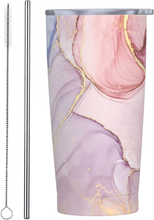Pink Marble Waves Tumbler Stainless Steel Insulated Tumblers with Lid Straw Reusable Marbling Stone Coffee Travel Mug Tea Drinking Wine Smoothie Cups Birthday Gifts for Women 20 Oz