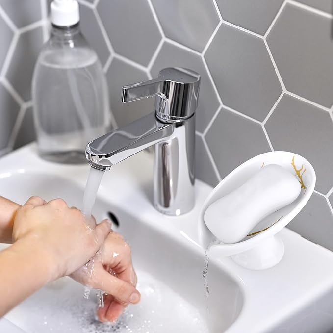 Soap Dish for Shower Ceramic Soap Holder Self Draining Leaf Shape Bar Soap Tray, Marble Pattern White Drain Soap Dish Holder for Bathroom,Easy Cleaning Keep Soap Dry