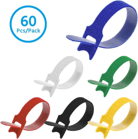 6" (60-Pack) Reusable Hook and Loop Self Gripping Multicolor Fastening Cable Ties - Multipurpose Microfiber Cloth Assorted Cable Organizer Ties