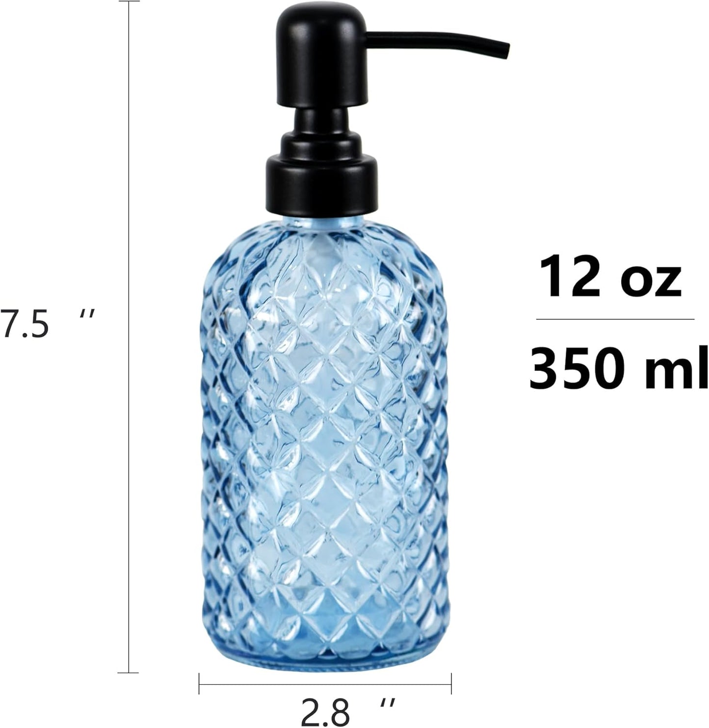 12Oz Glass Soap Dispenser with 304 Black Rustproof Stainless-Steel Pump, Refillable Glass Soap Dispenser for Kitchen, Bathroom, Farmhouse (Blue)