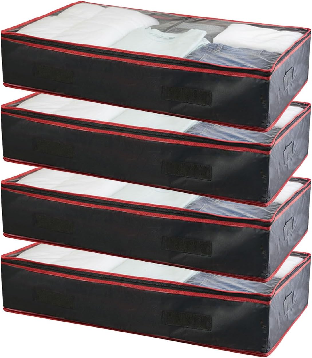 6 Inches Under Bed Storage Containers | Pack of 4 Underbed storage drawers with Durable Handles, Large Capacity, Dual Zipper & Clear Window For Clothing, Bedding, Blankets, Towels, Sweaters