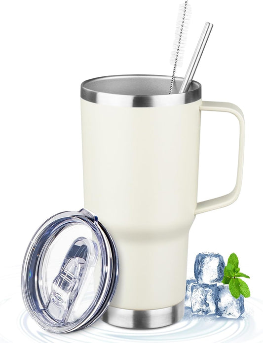 20oz Insulated Tumbler with Handle Stainless Steel Travel Coffee Mug with Lid and Straw Double Wall Vacuum Leak-proof Reusable Thermal Water Cup for Hot and Cold Drinks (Cream,1 Pack)