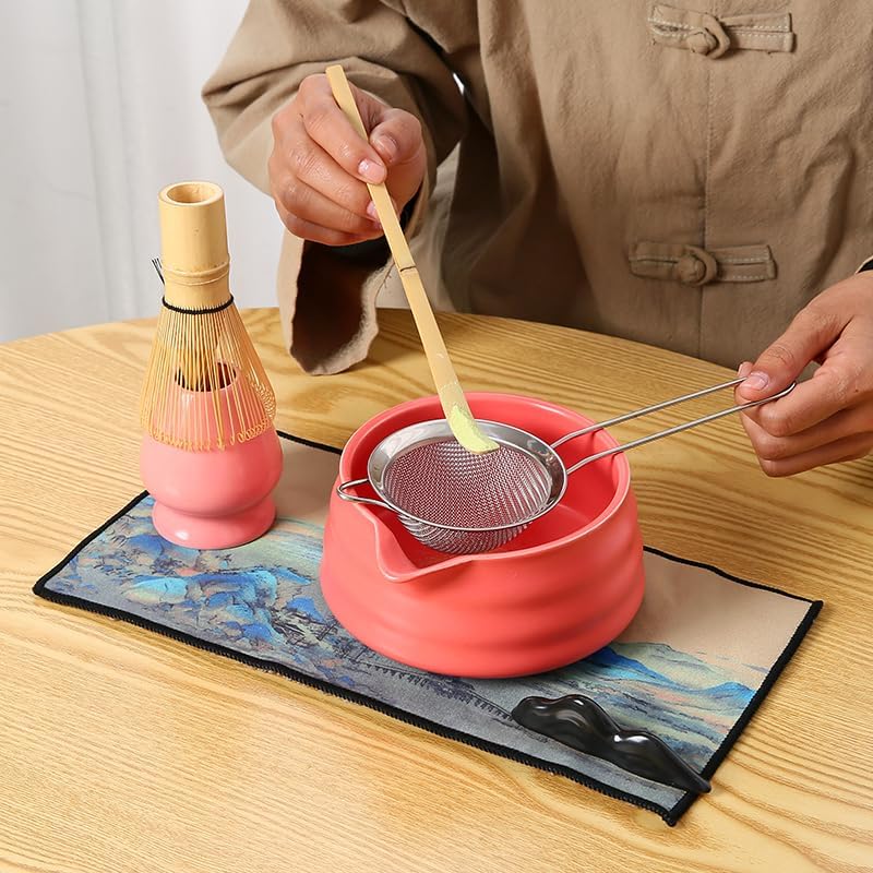 7pcs Complete Matcha Tea Set, Japanese Ceremonial Matcha with Whisk, Holder, Ceramic Bowl, Sifter, Scoop,red