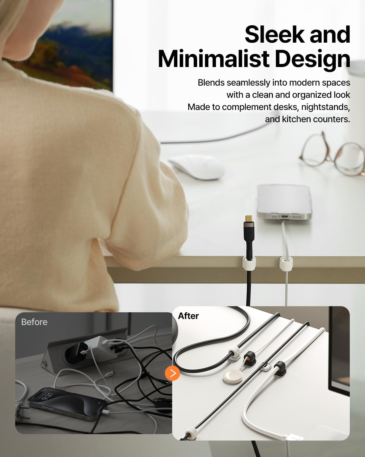 6 Pack Sinjimoru Magnetic Cable Clips, Compact Size Cord Organizer & Cable Management for Desk, Nightstand & Car, Fits up to 7.5mm Cables, White