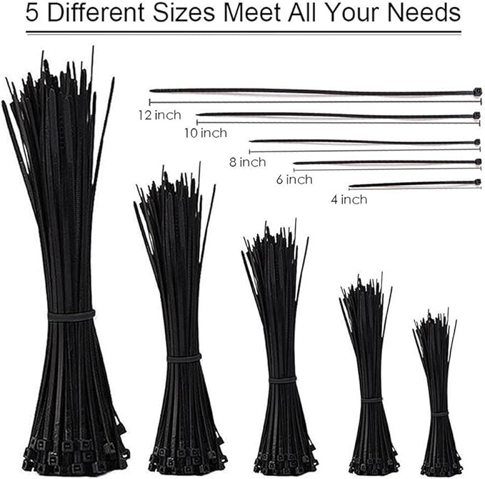 Cable Zip Ties,500 Packs Self-Locking 4+6+8+10+12-Inch Width 0.16inch Nylon Cable Ties,Perfect for Home,Office,Garage and Workshop (Black)