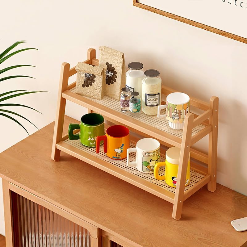 Wicker-Look Tea and Coffee Bar Station Organizer, Bamboo Mug Holder Countertop, Matcha Stand, Cup Display Shelf, Condiment Storage Rack for Kitchen Counter, 2 Tier