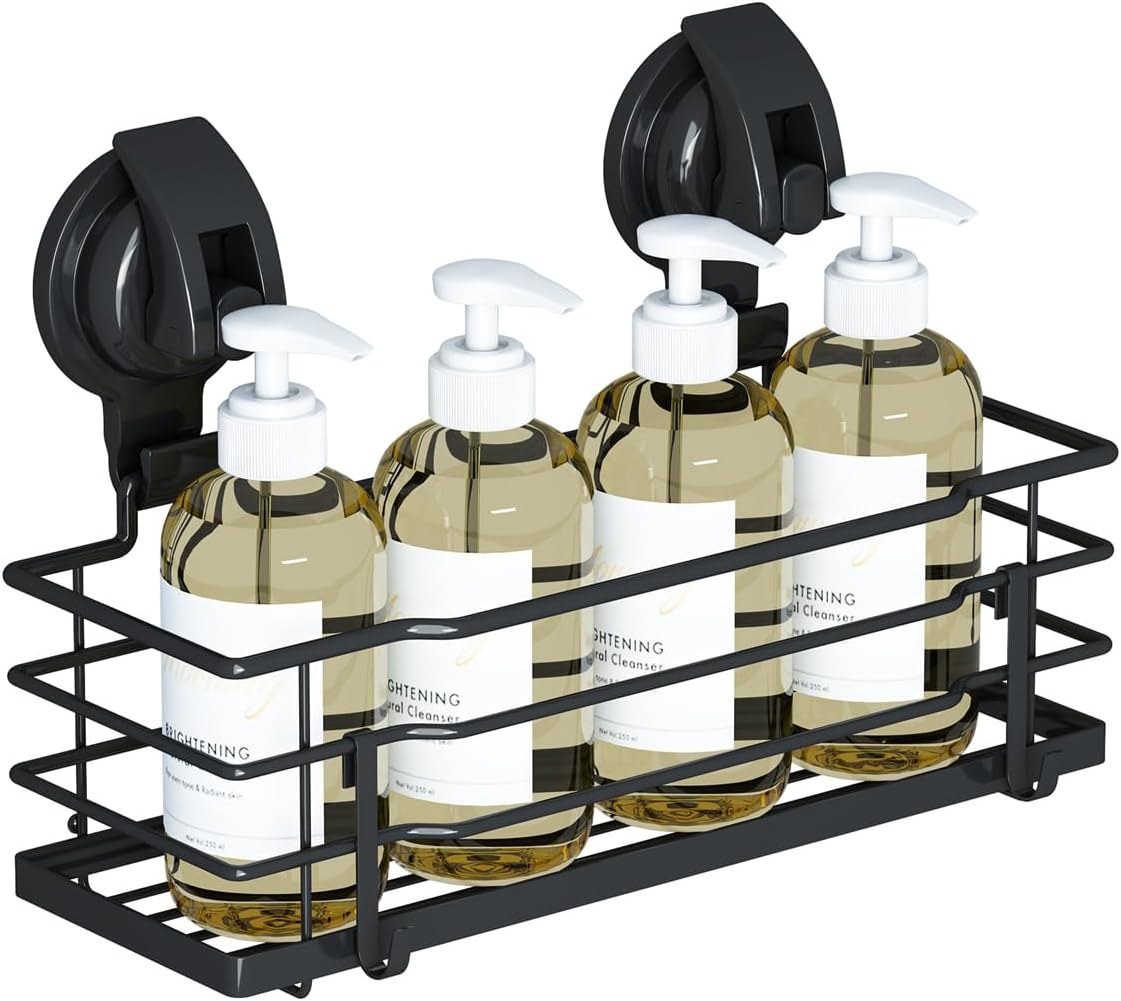 Suction Cup Shower Caddy, Shower Shelf Soap Dish with Hooks for Razor, Sponge, Rust Proof 304 Stainless Steel, Black
