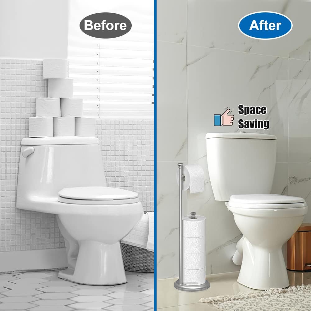 Free Standing Toilet Paper Holder Stand Brushed Nickel Toilet Roll Stand Bathroom Tissue Rack with Storage Reserves 5 Mega Rolls