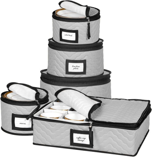 China Storage Containers 5-Piece Set Moving Boxes for Dinnerware, Glasses, Plates, Mugs and Saucers Sturdy Quilted Microfiber Dish Organizer with Dividers for Seasonal Storage - Holds Set of 12, Gray