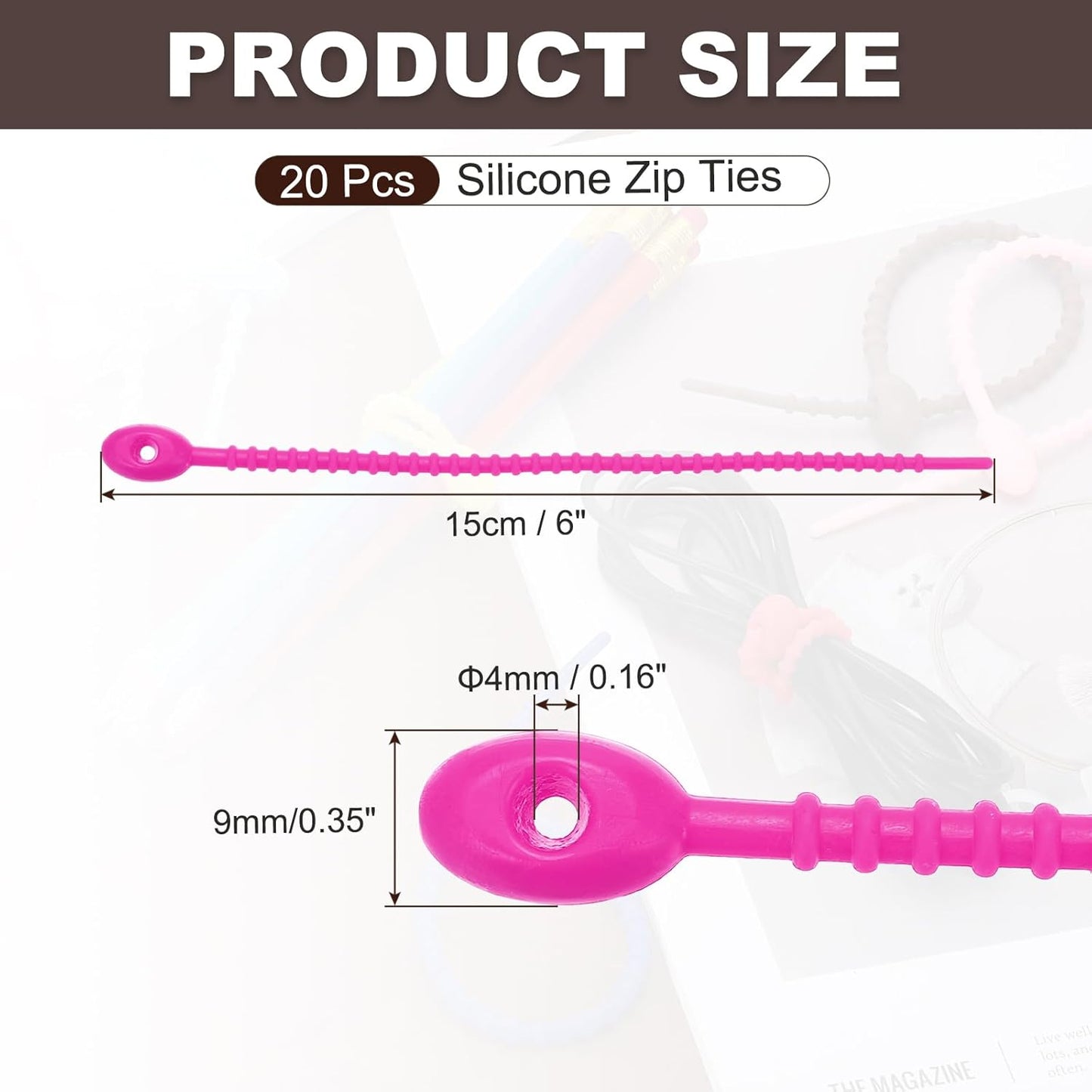 PATIKIL 6 Inch Silicone Cable Ties, 20pcs Rubber Reusable Twist Zip Ties Organizer for Home Office Kitchen Food bags Wires Adjustable Bag Clip, Rose Red