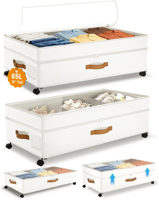 Under Bed Storage with Wheels, 10 inches Under the Bed Storage Containers Large, 65L XXL Adjustable Storage for Underbed with Lids, Rolling for Shoes, Clothes, Blankets, White