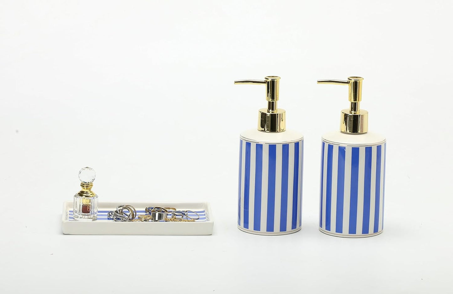 Coastal Blue & White Ceramic Soap Dispenser Set with Gold Pump – 3-Piece Bathroom & Kitchen Accessories with Tray, Refillable Lotion & Dish Soap Pump Bottles for Beach House & Nautical Décor