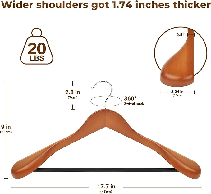 Coat Hanger 8-Pack, MEQUTION Wood Hangers Trouser Hangers Extra Wide Shoulder Wooden Hangers for Heavy Coat, Sweater, Skirt, Suit, Pants, Retro Finish (Walnut)