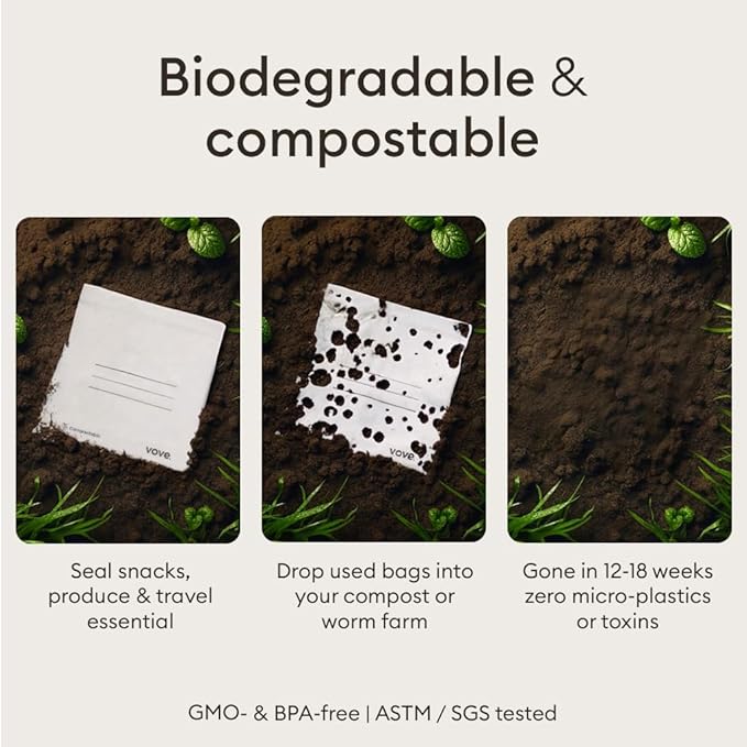 Vove Compostable Quart Bags, Large 30 Count – Freezer Safe, Leak Resistant, Non Toxic Food Storage for Leftovers & Meal Prep, Plastic-Free Eco Bags