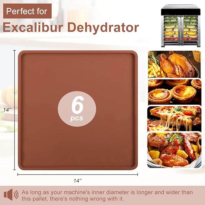 SFV 6 Pack Silicone Dehydrator Trays, 14" x 14" Flexible & Durable Dehydrator Sheets for Excalibur, Non-Stick, Reusable Dehydrators Mats Tray Dryer for Eggs, Fruit Leather, Meat, Herbs, Brown