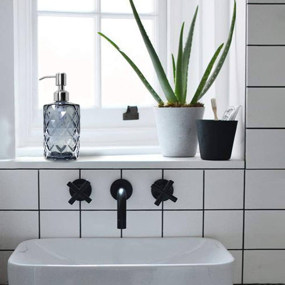 JASAI Diamond Design Glass Soap Dispenser with 304 Rust Proof Stainless Steel Soap Pump, 12 Ounce Kitchen Soap Dispenser for Bathroom, Hand Soap, Dish Soap (Grey)