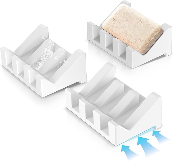 Silicone 3PCS Extended Soap Dishes with Drainage - Self Draining Shower Soap Bar Holder Keep Soap Dry Clean