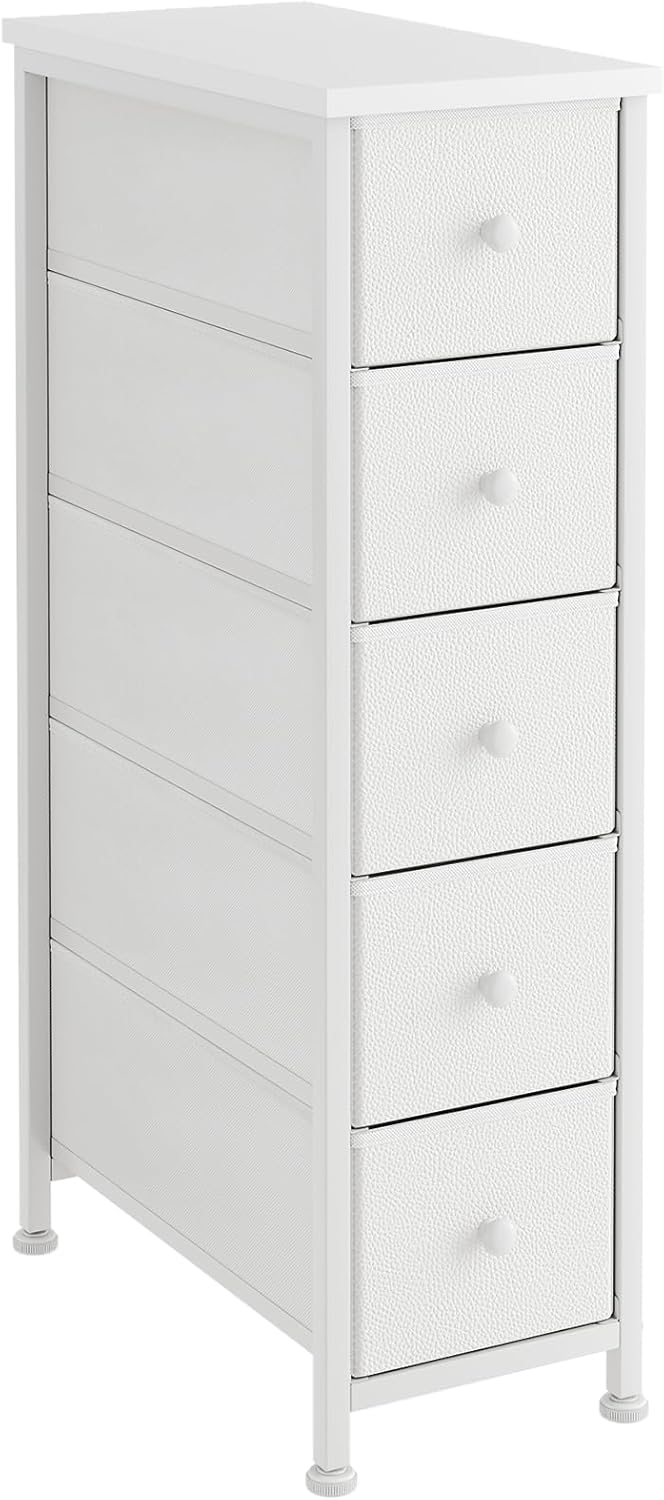 Narrow Dresser, 19" Wide Narrow Nightstand Dresser Storage Tower with 5 Drawers, Slim Fabric Dressers Chest of Drawers for Small Spaces, Wood Top & Fabric Bins for Bedroom Bathroom Closet (White)