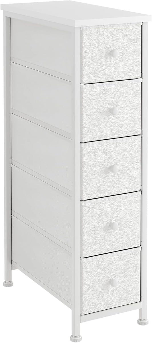 Narrow Dresser, 19" Wide Narrow Nightstand Dresser Storage Tower with 5 Drawers, Slim Fabric Dressers Chest of Drawers for Small Spaces, Wood Top & Fabric Bins for Bedroom Bathroom Closet (White)