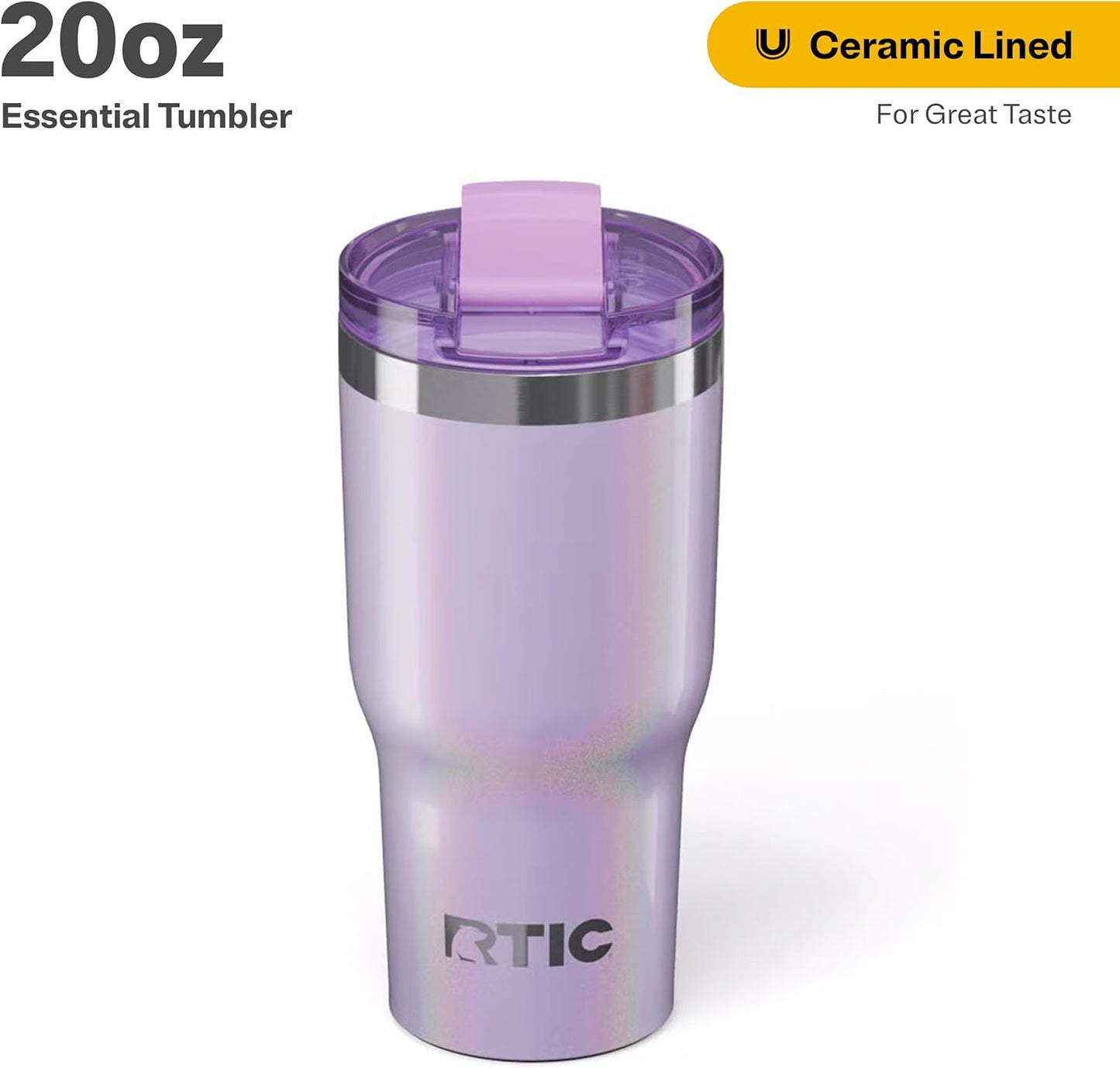 RTIC 20oz Essential Tumbler with Lid, Ceramic Lined, Insulated, Stainless Steel, Metal, Double Wall Vacuum-Insulation, Travel Cup for Iced Coffee, Tea, Hot and Cold Drink, Lavender Glitter