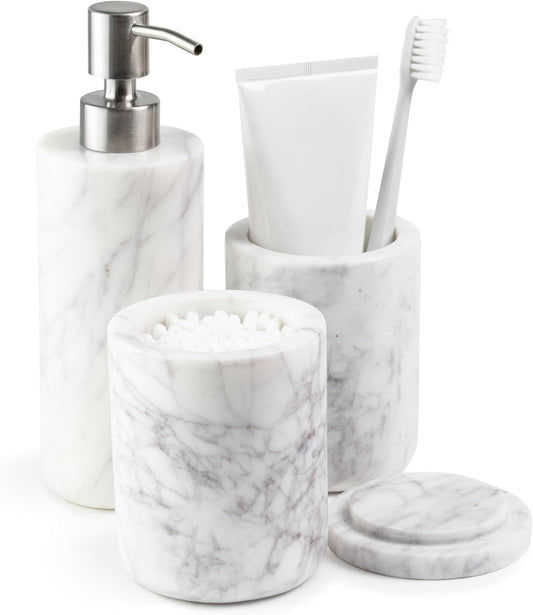 Cork & Mill Marble Bathroom Accessories Set, Complete 3 Piece Set with Soap Dispenser, Toothbrush Holder & Canister with Lid for Qtips, White Marble Bath Countertop Vanity Decor Organizer