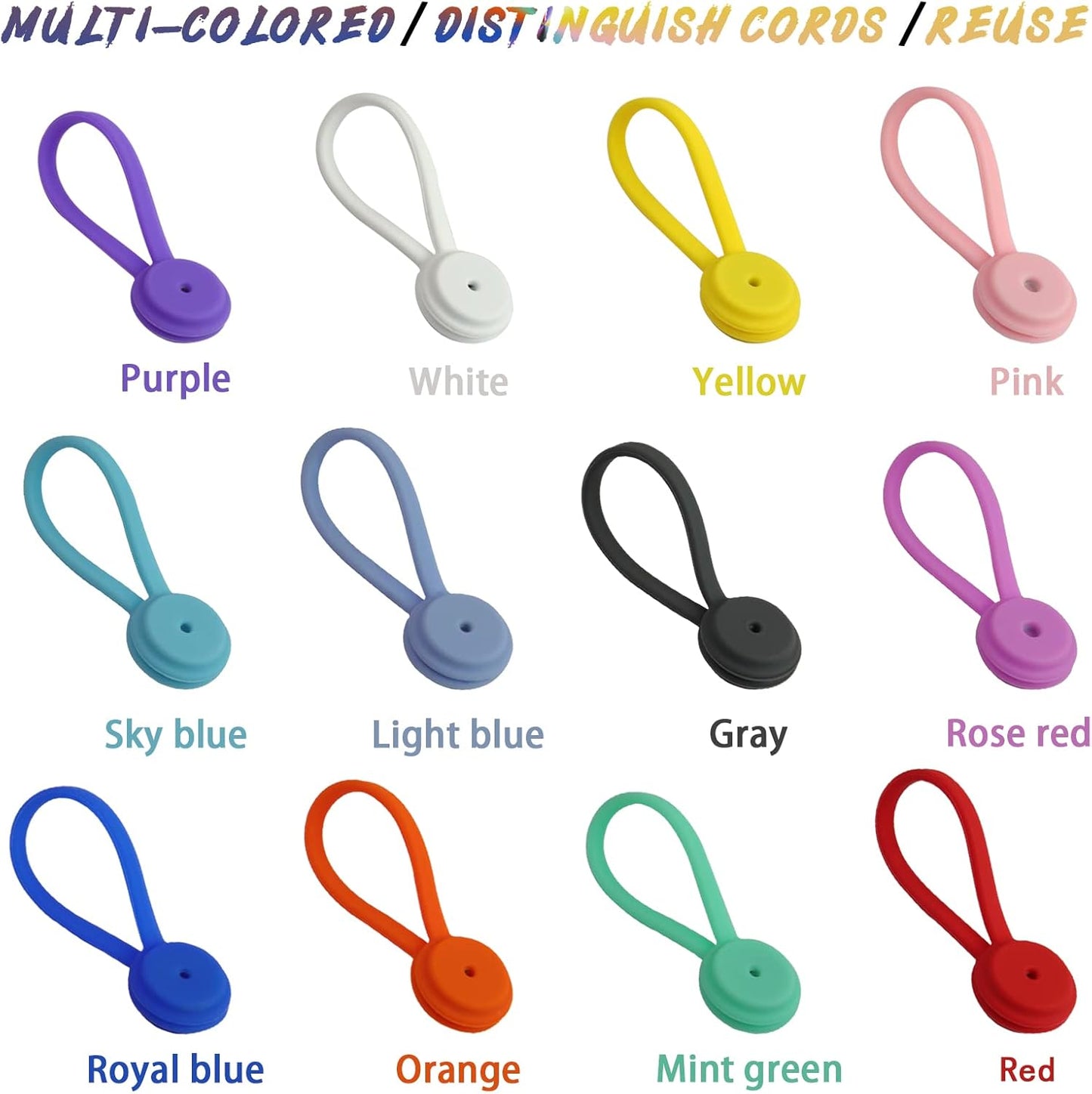 12 Pack Reusable Silicone Magnetic Cable Ties,Magnetic Cable Clips for Bundling and Organizing Headphone Cables,USB Charging Cords, Hanging & Holding,Stitching Fabric Magnetic Twist Ties