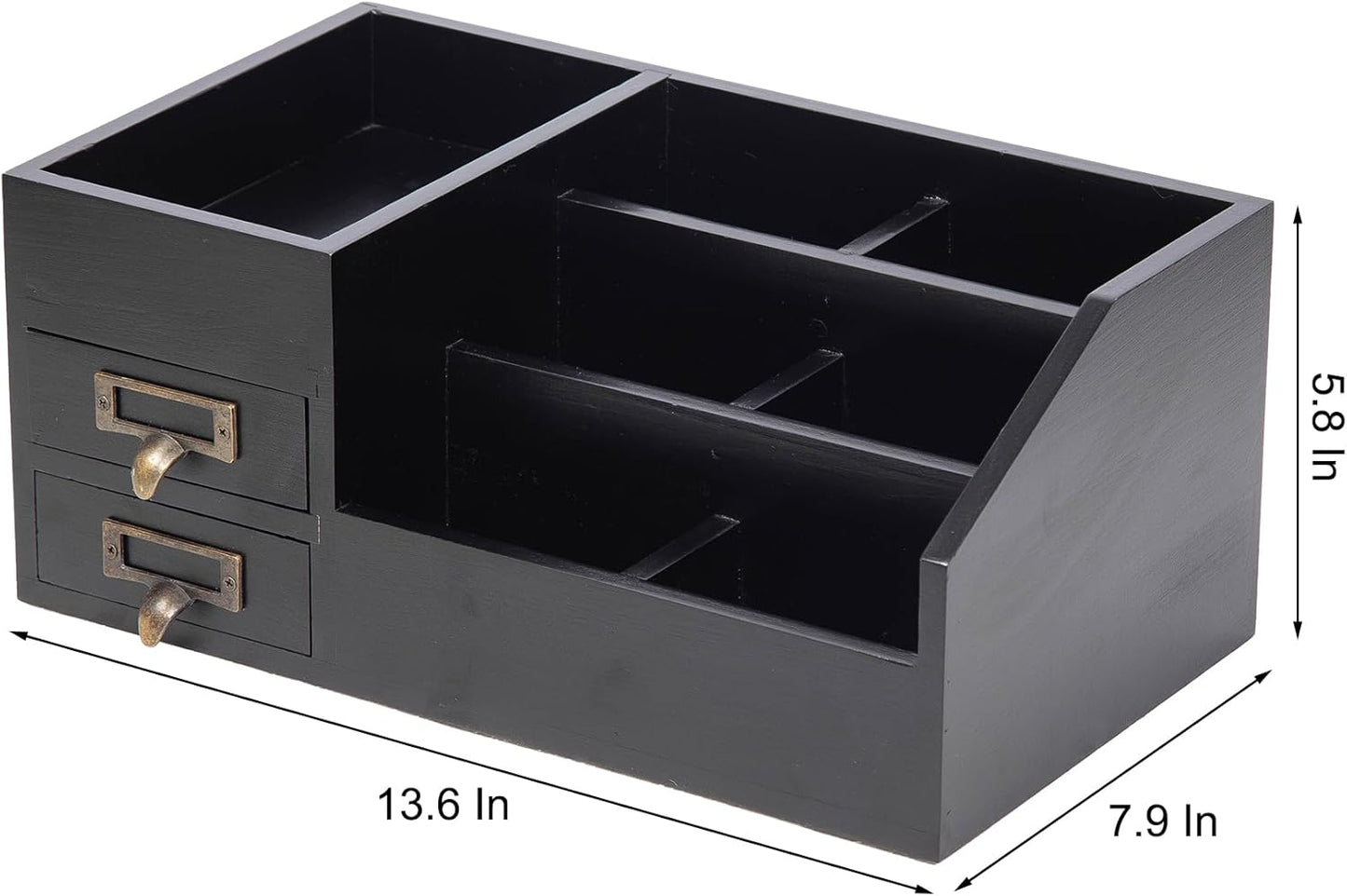 Distressed Rustic Wooden Office Desktop Organizer Wood Shelf Tabletop Home Organizer Storage with Multiple Compartments 2 Tier Drawers,perfect Jewelry storage Display Box for Desk, Vanity (Black)