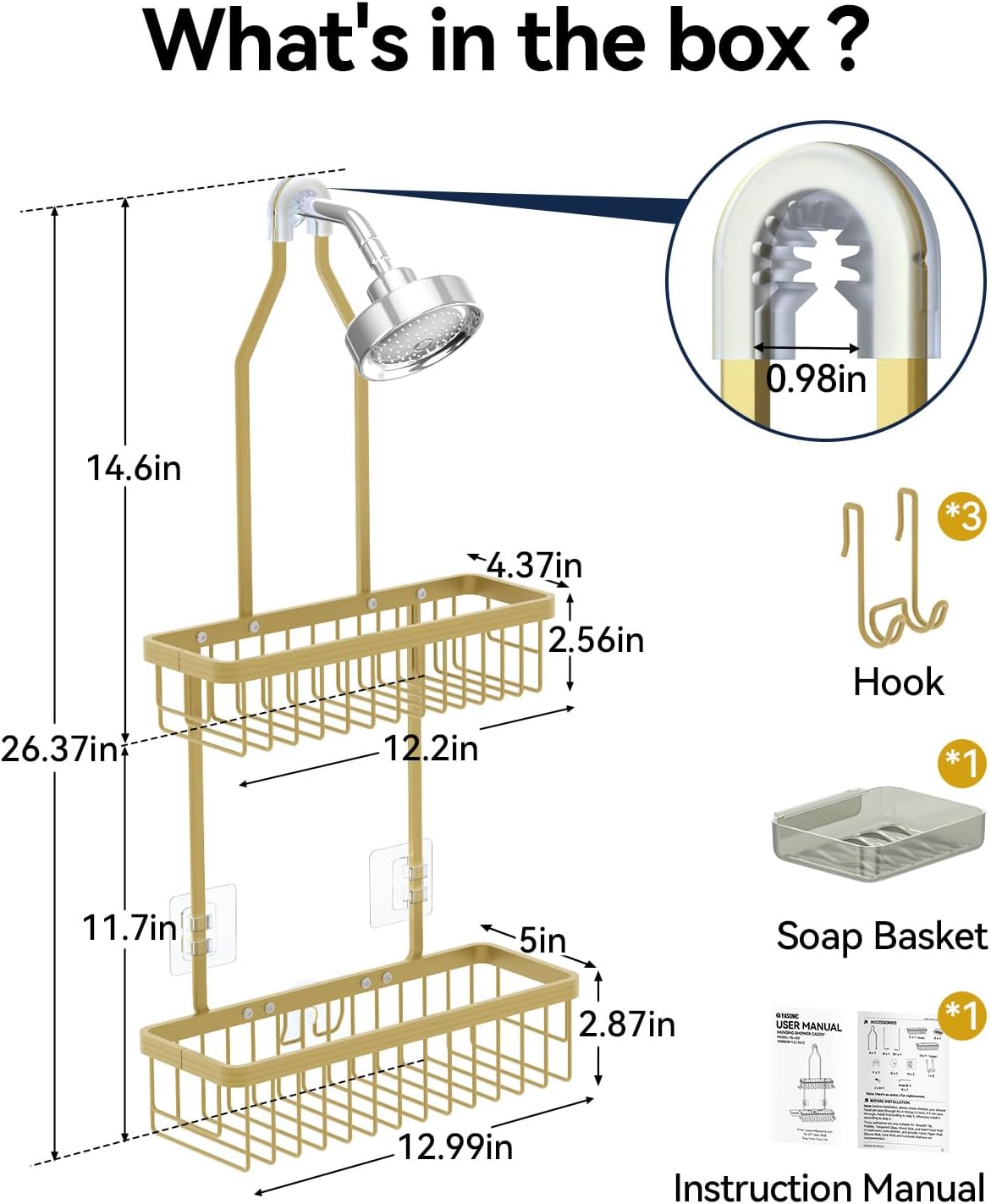 YASONIC Shower Caddy Hanging, Never Rust Shower Organizer Hanging, Aluminum Shower Racks for Inside Shower with Hooks for Razor, Bathroom Organizers and Storage with Soap Holder, Gold