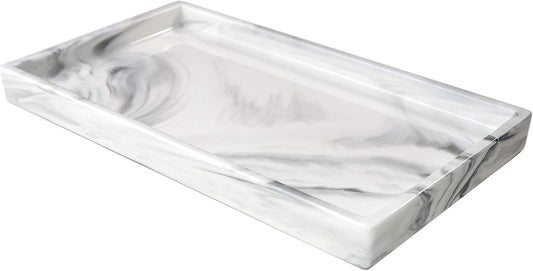 White Marble Bathroom Counter Tray - Ceramic Perfume Organizer and Jewelry Dish for Vanity Dresser
