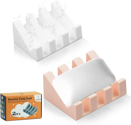Silicone Soap Dish for Bar Soap Holder for Shower Bathroom Self Draining Waterfall Drying Tray Keep Soap Bars Dry Clean & Easy Cleaning (White/Pink, 2)