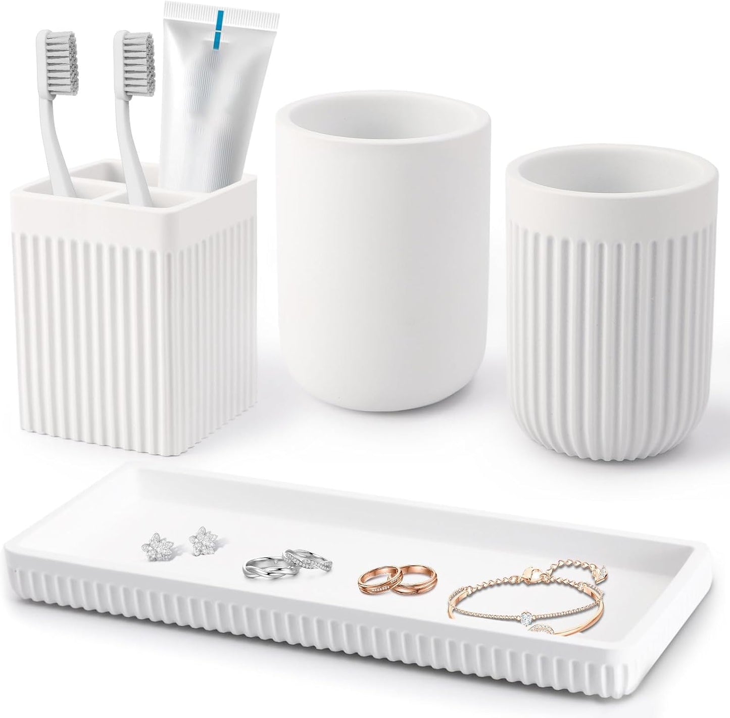 Resin Bathroom Toothbrush Holder Set, Matte White Bathroom Accessories Set 4 Pcs, Bathroom Tumbler Cup Tooth Brushing Cup Set with Tray, for Sink Countertop Modern Home Decor