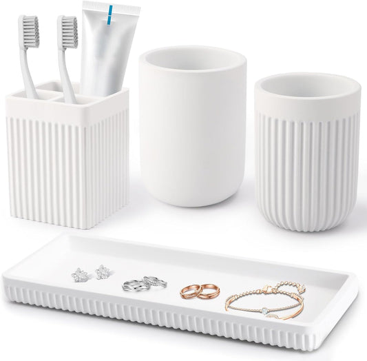 Resin Bathroom Toothbrush Holder Set, Matte White Bathroom Accessories Set 4 Pcs, Bathroom Tumbler Cup Tooth Brushing Cup Set with Tray, for Sink Countertop Modern Home Decor