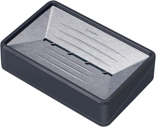 Soap Dish Tray with Drain, Stainless Steel Soap Bar Holder for Bathroom Shower Kitchen Sink, Double Layer Draining Soap Container Box with Suction Cups