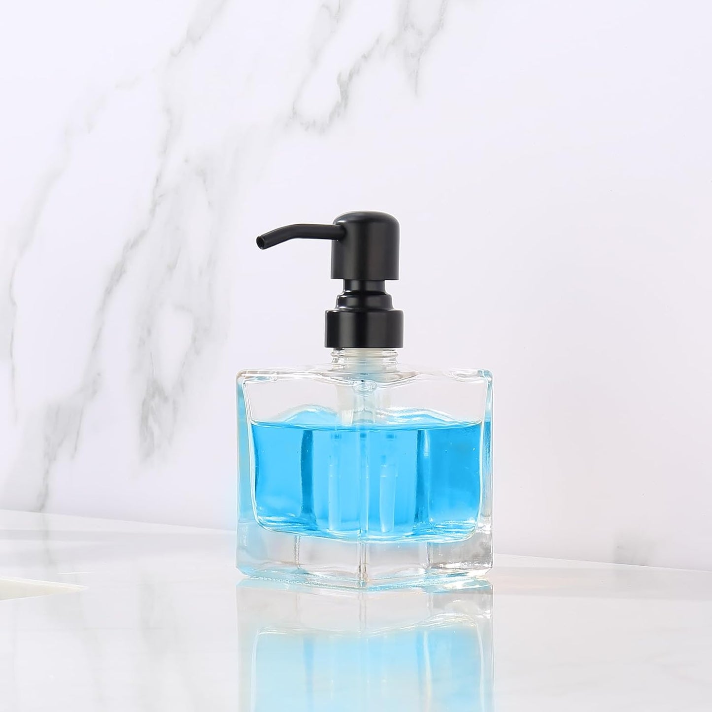 Square Bathroom Soap Dispenser Black, 8.4 oz Glass Bottles with Stainless Steel Pump Cube Liquid Hand Soap Dispenser Kitchen