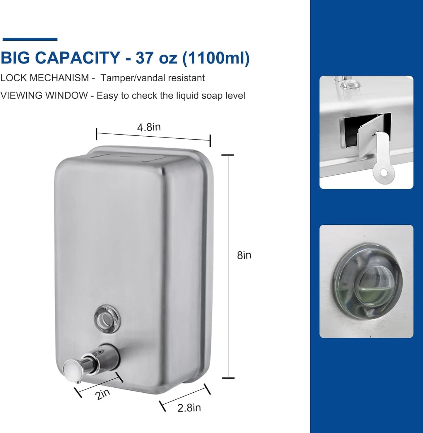 Commercial Wall Mount Stainless Steel Soap Dispenser, Corrosion Proof Lining Liquid Hand Sanitizer Dispenser Bathroom 1100ml / 37oz. (Vertical)