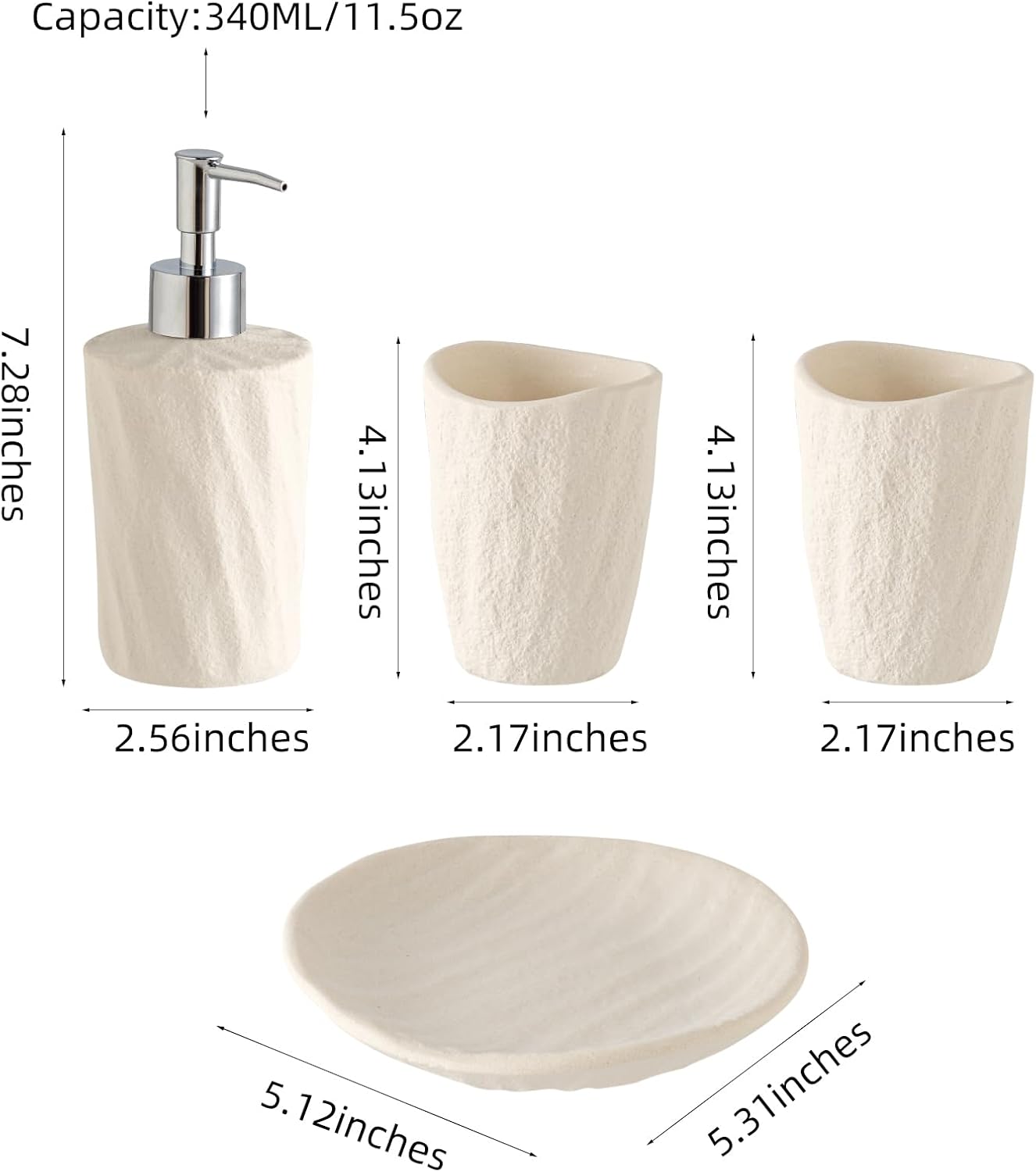 Bathroom Accessories Set, 4 PCS Modern Stone Look Bathroom Accessory Set with Hand Soap Dispenser 11.5 OZ, Tumblers, Toothbrush Holder, Bar Soap Dish Holder Saver (White)