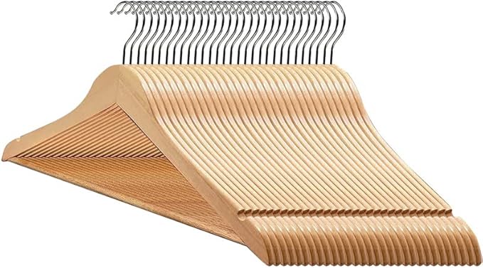 Wooden Coat Hangers, Natural Wood Suit Hangers with Non Slip Pant Bar, for Clothes, Shirts, Jackets, Dress, Pants (Natural, 30)
