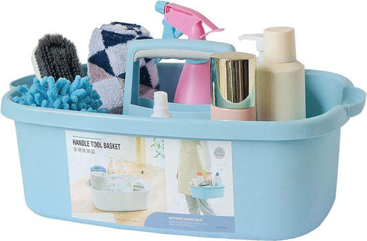 Cleaning Supplies Organizer, Large Cleaning Supply Caddy with Handle, Portable Cleaning Tool Storage Tote for Dorm, Bath, Pantry (Blue)