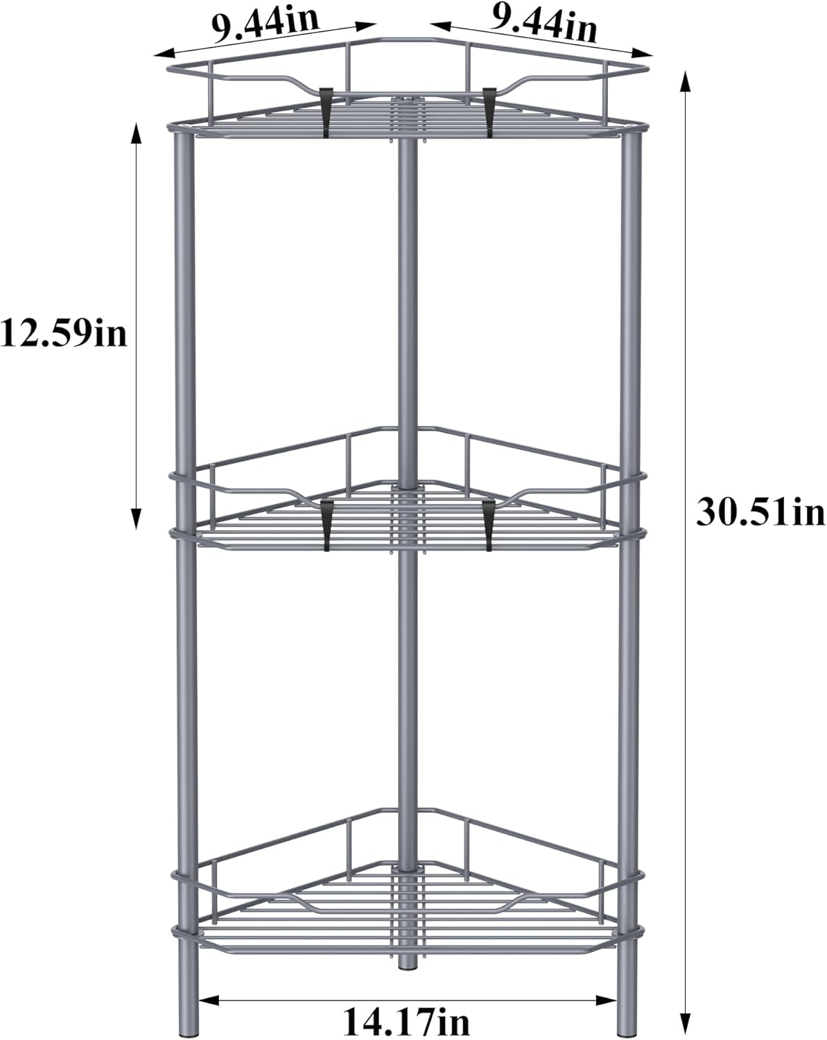 3 Tier Floor Standing Corner Shower Caddy Organizer Shelf with Hooks, Bathroom Shelves Stand Rack, Dark Gray