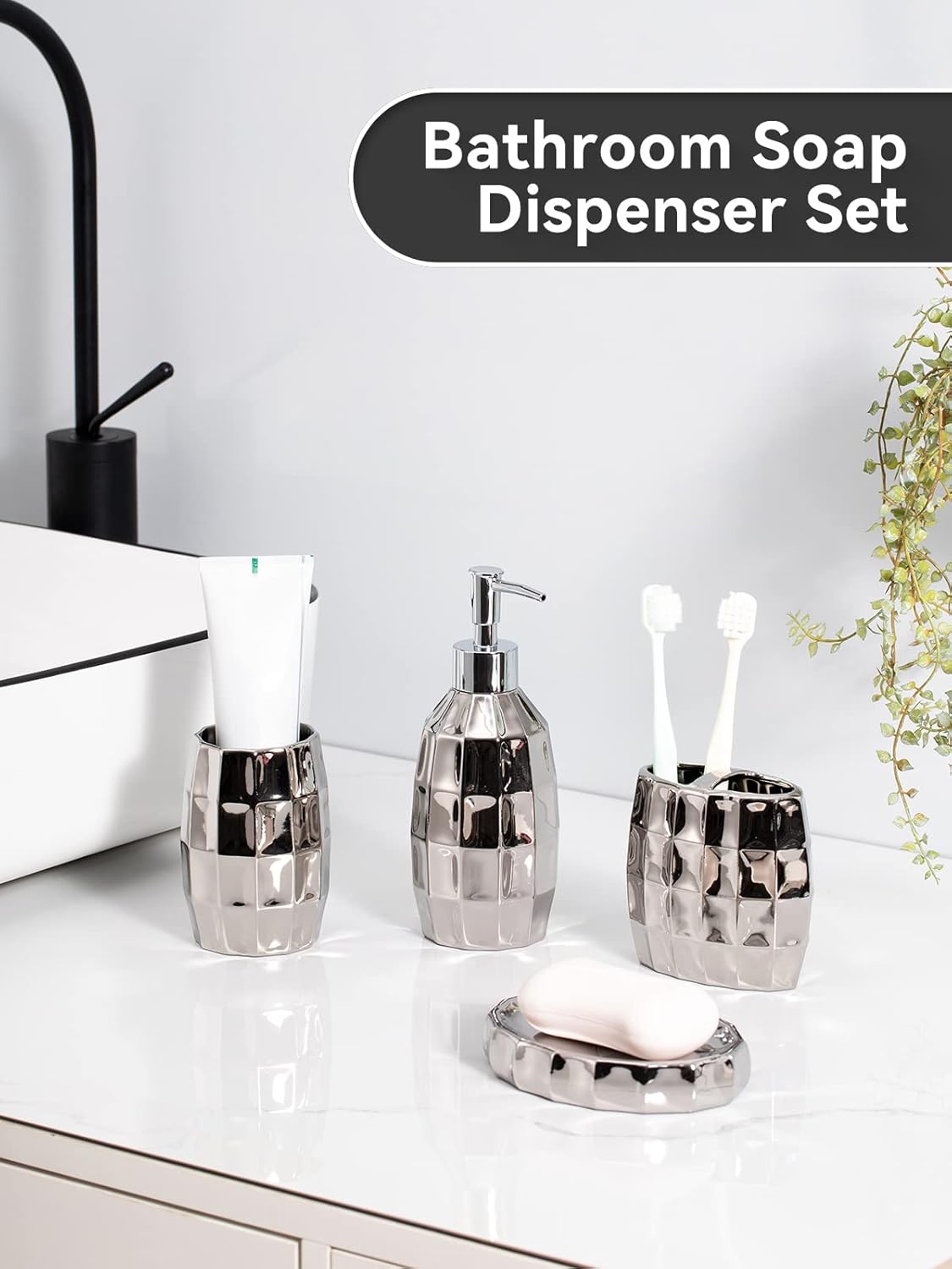 Silver Bathroom Accessory Set, Mosaic Ceramic Bathroom Accessories Set Include Lotion Dispenser, Toothbrush Holder Tumbler, and Soap Dish