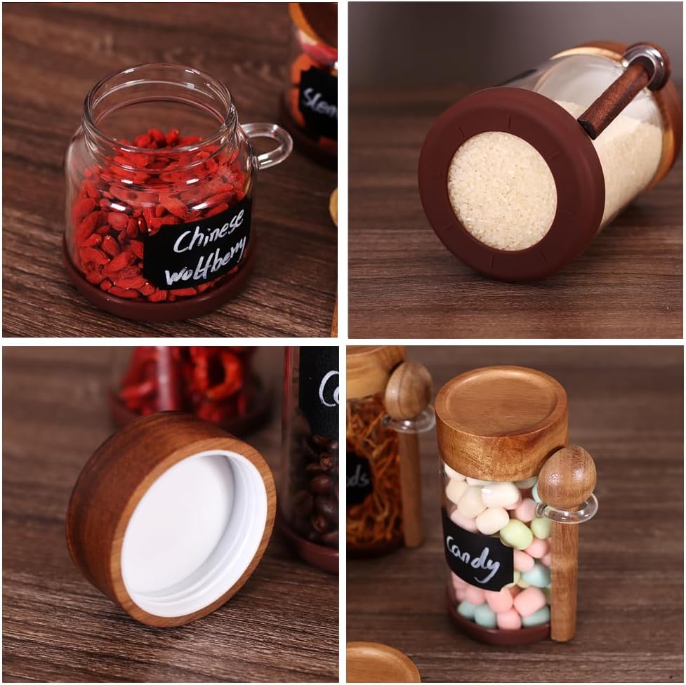 SAIOOL High Bprosilicate Glass 4 Pack Spice Jars with Label and Spoons,Overnight Oats Containers with Acacia Airtight Lids,Glass Food Storage Jars, Coffee Bar (Acacia 5.9 OZ*4)