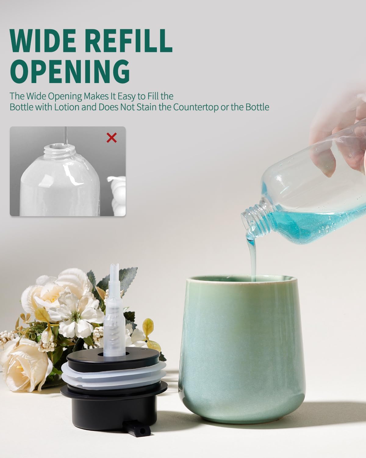 BosilunLife Hand Soap Dispenser - Ceramic Dish Soap Dispenser for Bathroom 12ounce Refillable Liquid Hand Wash Dispenser for Essential Oil, Lotion Soap, Light Green